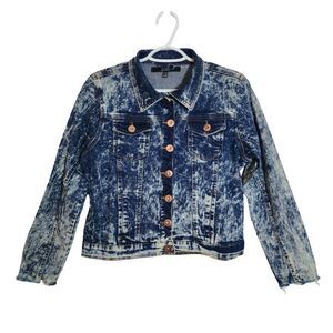 Select Acid Wash Cropped Denim Jacket Distressed Blue Button-Up Women's US 6/8